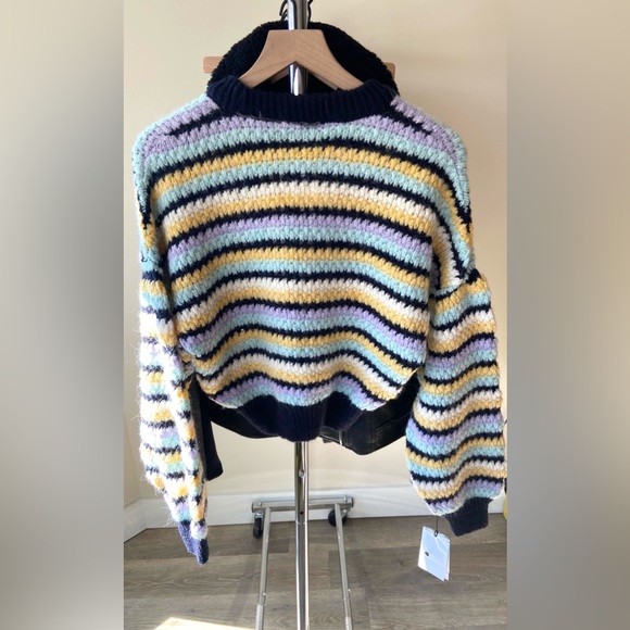 L ๐ ZARA Striped Knit Sweater Round Neck Multicolored Yellow Navy Purple - Picture 12 of 15